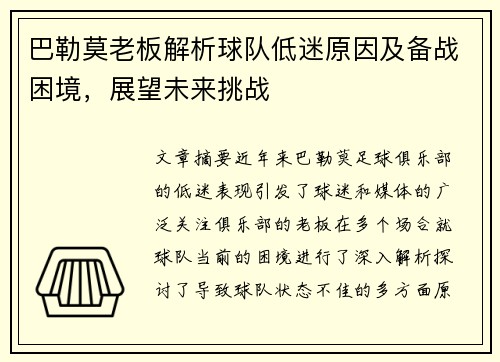 巴勒莫老板解析球队低迷原因及备战困境，展望未来挑战